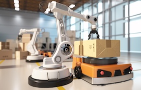 An autonomous guided vehicle picking up a machine 