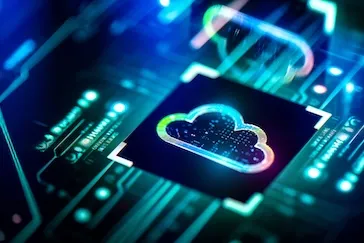 A glowing, stylized microchip centered on a circuit board with a neon cloud icon on top.