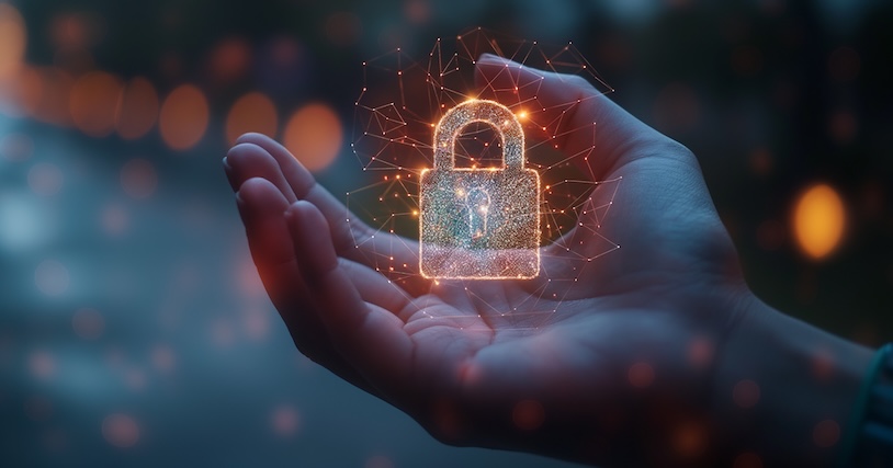 A person holding a shimmering digital padlock