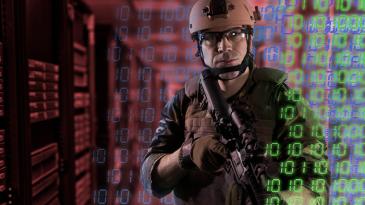 soldier in server room with binary code overlay 