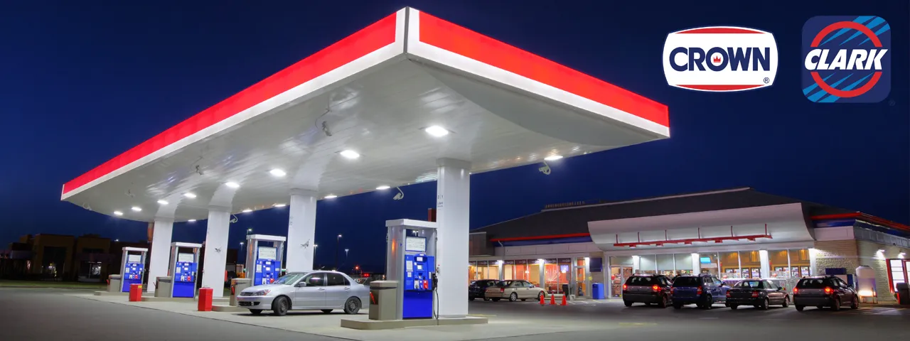 picture of gas station with Crown Clark logos