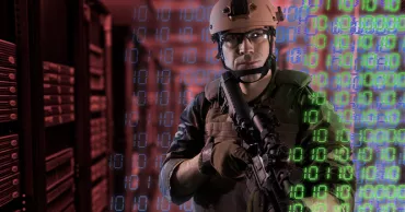 soldier in server room with binary code overlay