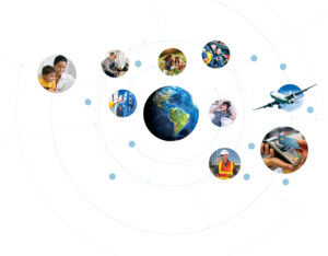 grid of icons around the world