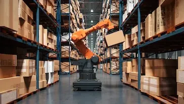 A robot in a warehouse picking up a package