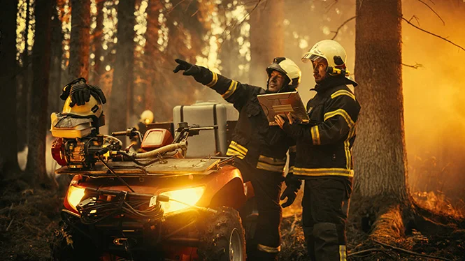 Portrait of Two Professional Firefighters Standing Next to an All-Terrain Vehicle, Using Heavy-Duty Laptop Computer and Figuring Out a Best Strategy for Extinguishing the Wildland Fire. Wide Shot.