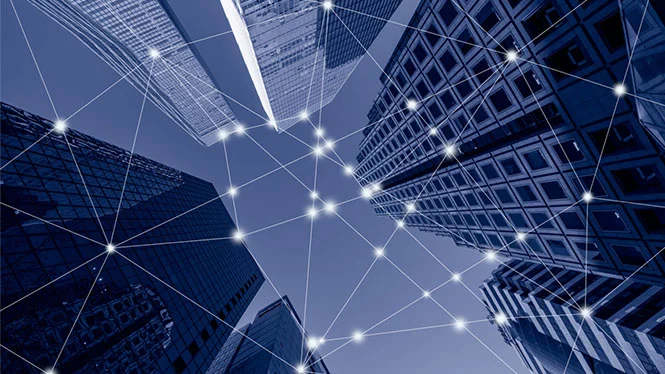 Blue tone cityscape of Yeouido business district at Seoul City in South Korea with network connection concept