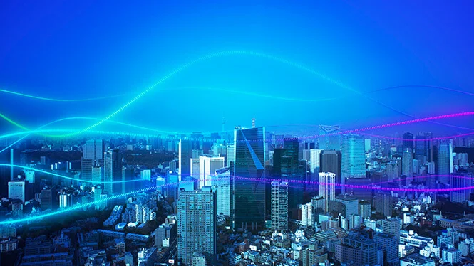 Cityscape with abstract light trail