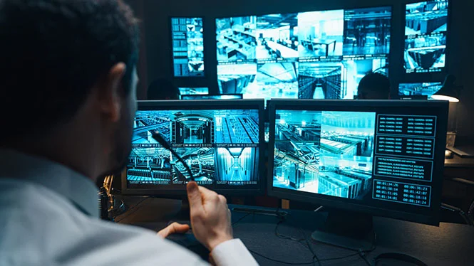 Police officers at surveillance control center wide