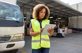 A person wearing a construction vest looking at an iPad