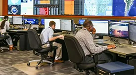 Two people at their desks looking at computer screens