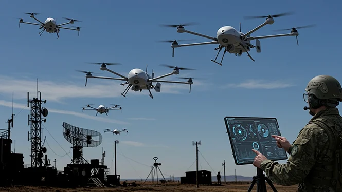 Military personnel operating and controlling drones.